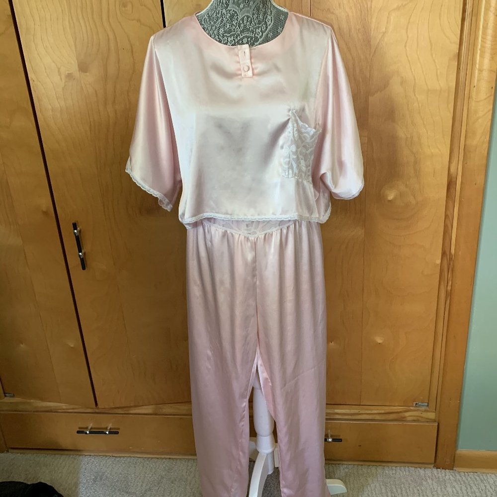 Vintage PJ Set in Satin, Trimmed in White Lace